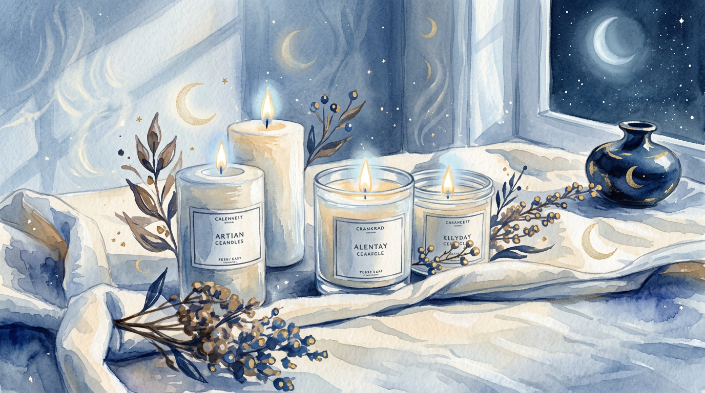 Handmade candles on a soft cream cloth
